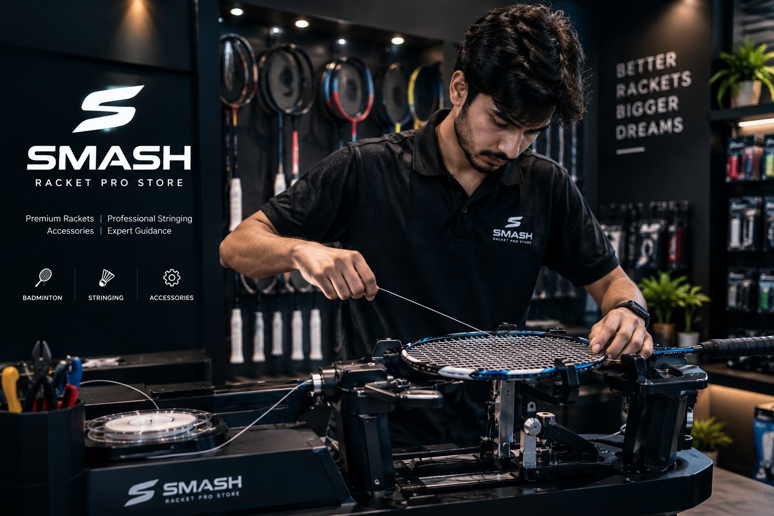 Smash Racket Pro technician stringing a racket